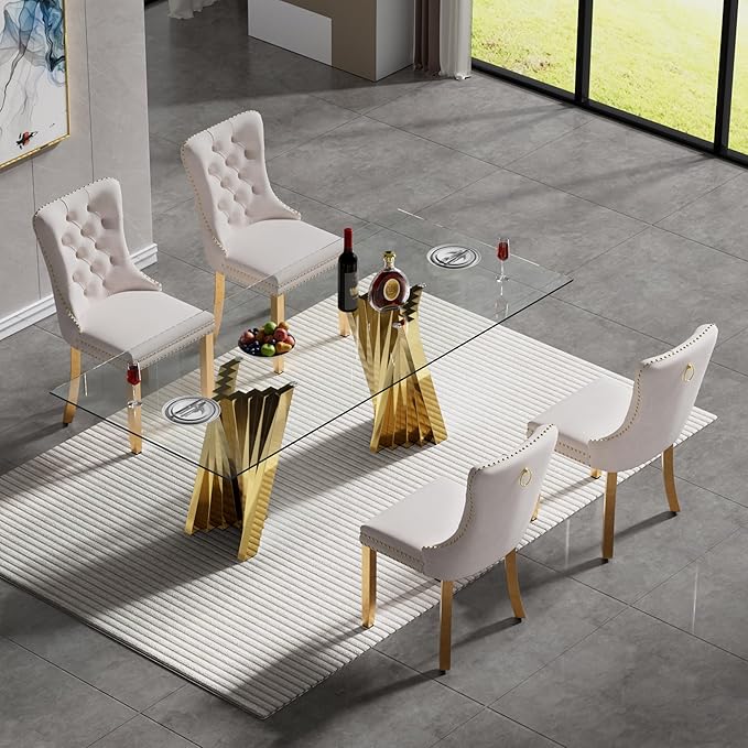 5 Piece Glass Dining Table Set,70" Dinner Room Glass Table Set for 4,Modern Kitchen Dinner Table Set with Stainless Steel Base and 4 Upholstered Velvet Dining Chairs for Living Dining Room