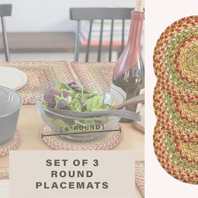 Homespice Azalea Jute Braided Trivets for Table, Warm Country Primitive Decor, Set of 3, Multicolor 8" Round Heat Resistant Mats - Rich Colors, Easy to Clean, Durable and Protects Furniture