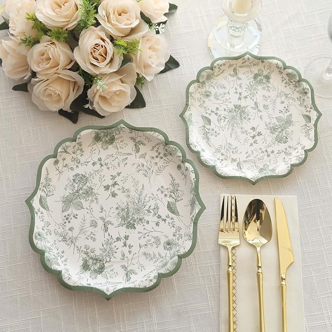 50 Pack 10" Sage Green Dinner Plates in French Toile Floral Pattern, Disposable Round Paper Party Plates 300 GSM for Festive Table Decoration