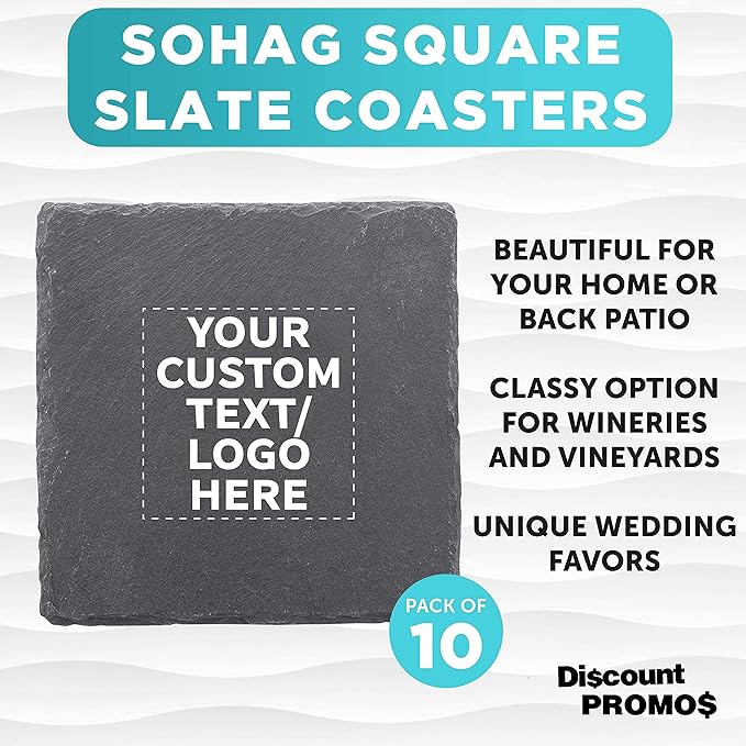 Custom Sohag Square Slate Coasters Set of 10, Personalized Bulk Pack - Table Decor, Kitchen Decor, Wedding Favors - Black