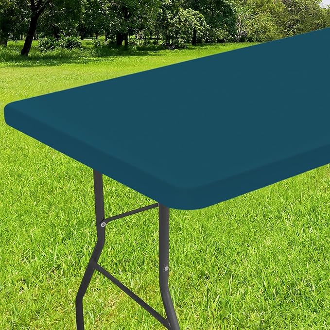 Smiry Rectangle Tablecloth, Elastic Fitted Flannel Backed Vinyl Tablecloths for 6ft Folding Tables, Waterproof Wipeable Table Covers for Indoor, Outdoor, Camping and Picnic (Peacock Blue, 30"x72")