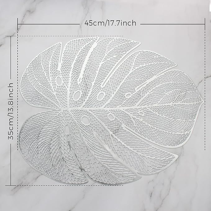 Evevda Silver Leaf Shaped Vinyl Placemats for Dinner Table Set of 8 Metallic Plastic Place Mats Wipeable 8Pcs Table Mats for Wedding Annersary Dinner Table Decoration Mats(17.7x13.8inch/45x35cm)…