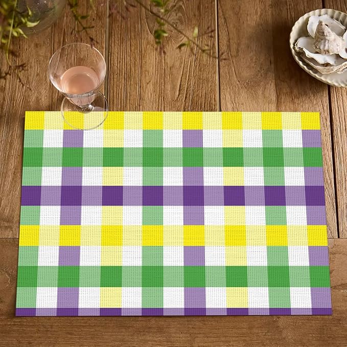 Artoid Mode Buffalo Plaid Vinyl Placemats Set of 4, 12x18 Inch Washable Non-Slip Heat Resistant Plastic Place Mats for Party Dining Table, Purple/Yellow