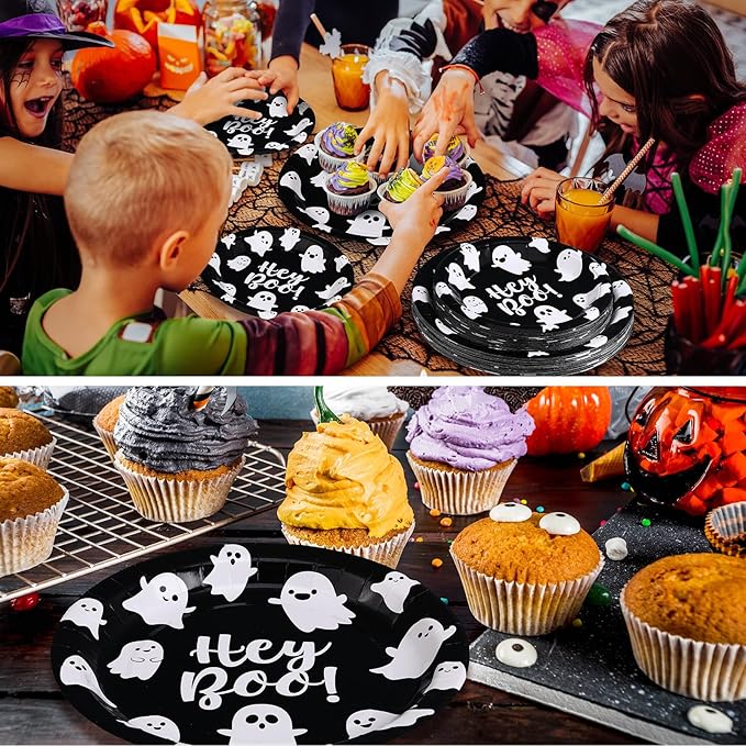 48 Pcs Halloween Hey Boo Paper Plates Set Include 9 Inch Ghost Disposable Dinner Plates 7 Inch Scary Dessert Plate Tableware for Halloween Birthday Party Supplies