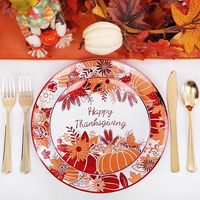 Rubtlamp 60PCS Thanksgiving Plastic Plates, White Orange Pumpkin Plates, Red Disposable Plates with Maple Leaves, Fall Disposable Plates Include 30 Dinner Plates, 30 Salad Plates For Thanksgiving