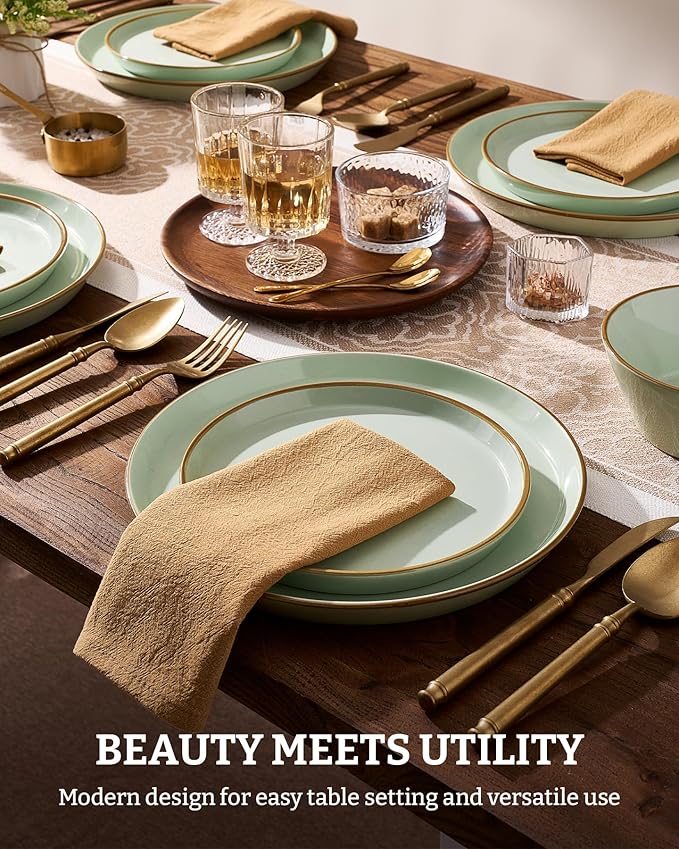Famiware Saturn Stoneware Dinnerware Sets for 8 (24 Pieces), Ceramic Plates and Bowls Dish Sets with Hand-Painted Trim - Chip & Scratch Resistant, Microwave & Dishwasher Safe Tableware, Light Green