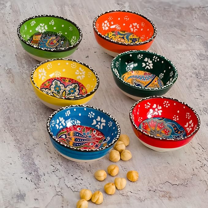 BCS Ceramic Pinch Bowls Set of 6, Small Bowls for Dipping - Cooking Prep & Charcuterie Board Bowls, Soy Sauce Dish, Handmade Multicolor Decorative Serving Dishes (3.2'' - 3 oz)