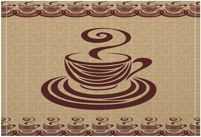 Vintage Coffee Theme Placemat Set, Minimal Rustic Farmhouse Brown Beige Geometric Coffee Cup Beans Seamless Pattern Home Decor Linen Table Mats for Dining Room Kitchen Party (17x12in) x4P