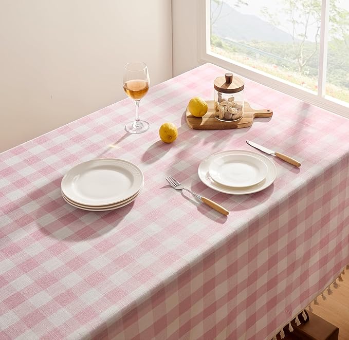 Softalker Valentines Pink Gingham Tablecloth Rectangle, Outdoor Linen Cotton Checkered Table Cloth with Tassel, Heavy Duty Wrinkle Free Plaid Table Cover for Easter Dining Spring Party - 55 x 102 Inch