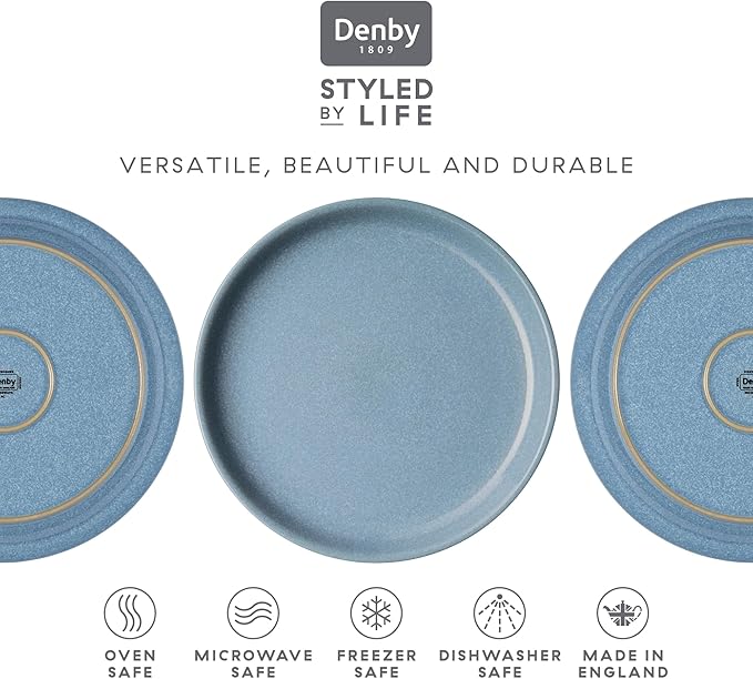 Denby - Elements Blue Coupe Dinner Plates Set of 6 - Dishwasher Microwave Oven Safe - Scratch Chip Resistant - Large Ceramic Stoneware Dinnerware Plates Set