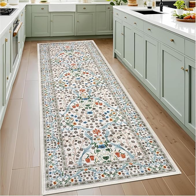 GarveeHome Washable Kitchen Runner Rug, Floral 2x6 Rug for Hallway Non Slip Stain Resistant, Ultra-Thin Boho Soft Hallway Rug for Entryway, Laundry Room Floor Mat, Beige