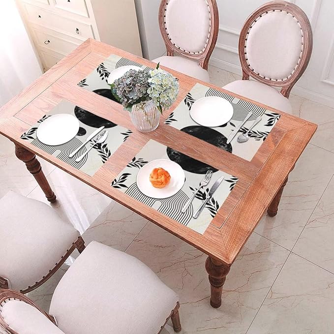 Boho Mid Century Leaf Placemats,Arch Sun Design,Minimalistic Leaves Pattern Luxurious Washable Place Mats 12x18Inch for Dining Kitchen Farmhouse Decor 4 PCS