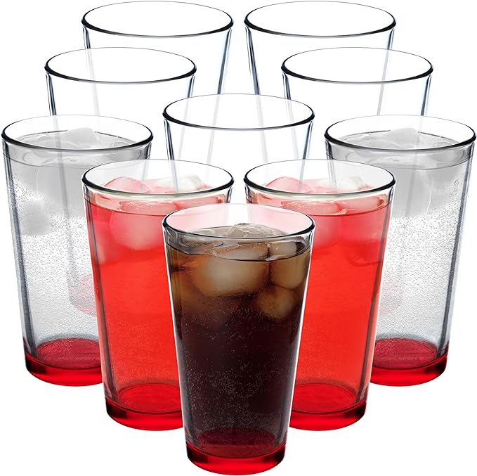 DISCOUNT PROMOS Beer Pint Glasses 16 oz. Set of 10, Bulk Pack - Heavy Duty Glassware for Restaurant, Thick Base and Walls, Stackable - Red