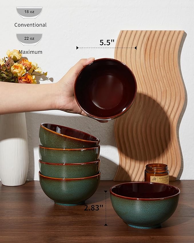 5.5" Cereal Bowls & Dessert Bowls Set of 6-22 Oz Small Bowls for Kitchen-Ceramic Bowl for Cereal, Soup, Oatmeal, Salad, Ramen, Noodle, Rice, Yogurt-Dishwasher & Microwave Safe, Brown Green