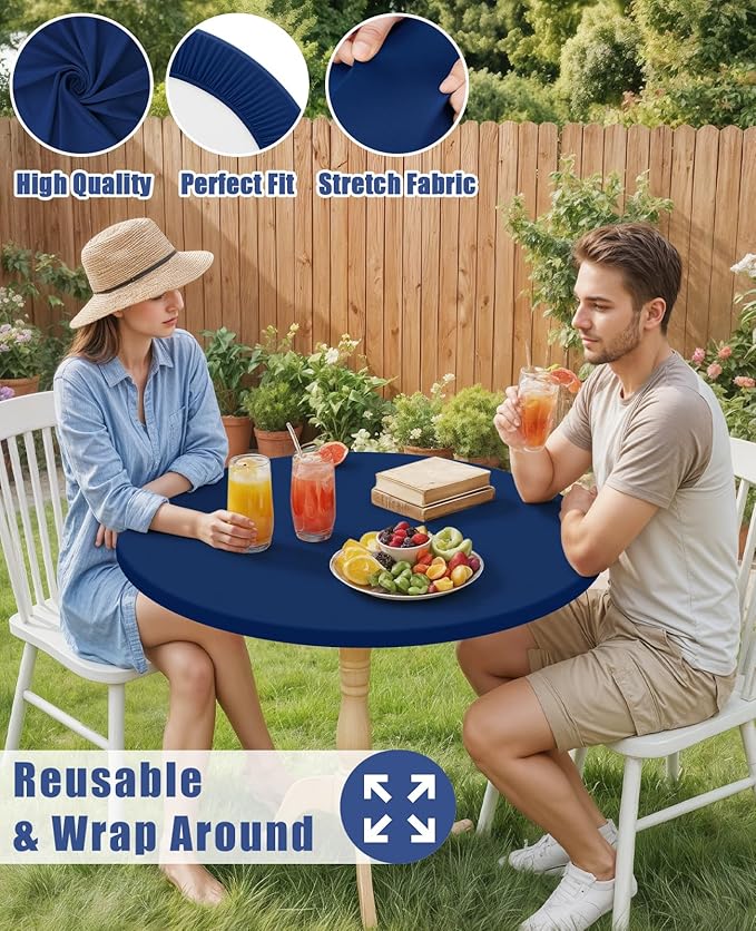 Round Spandex Tablecloth, Elastic Fitted Waterproof Tablecloths for 31"-35" Tables, Stretch Washable Picnic Table Cover for Camping, Dining, Indoor and Outdoor, Navy