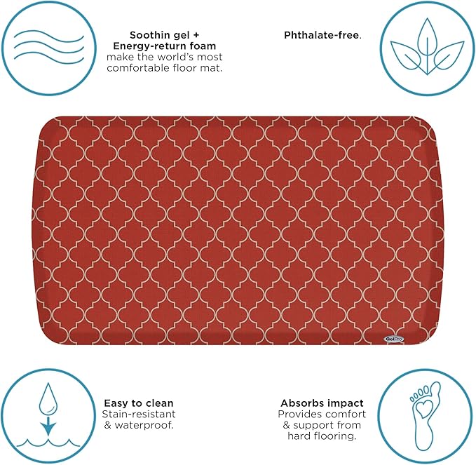 GelPro Elite Premier Anti-Fatigue Kitchen Comfort Floor Mat, 20x36", Trellis Red Chile Stain Resistant Surface with therapeutic gel and energy-return foam for health & wellness, Trellis Red Chile