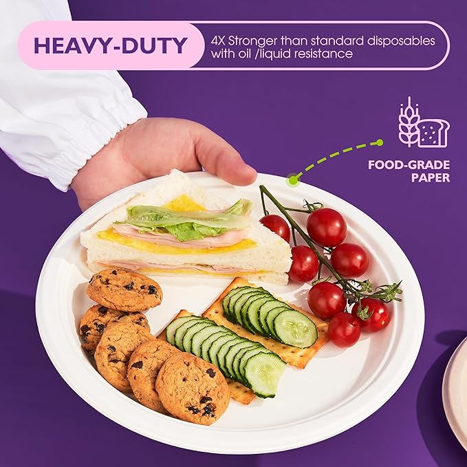 Compostable Paper Plates 10 Inch 150 Pack, Biodegradable Disposable Plates Heavy Duty White Plates, Made of Natural Sugarcane Bagasse, Unbleached Round Dinner Plates