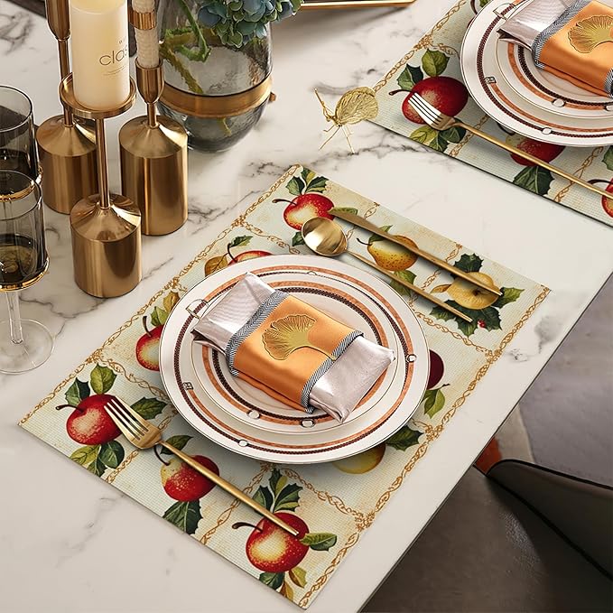 Apple Pear Placemats Set of 4, Retro Fruit Place Mats, Fruits Waterproof Washable Table Mats for Home Party Indoor Kitchen Dining Table Decoration 12x18 Inch