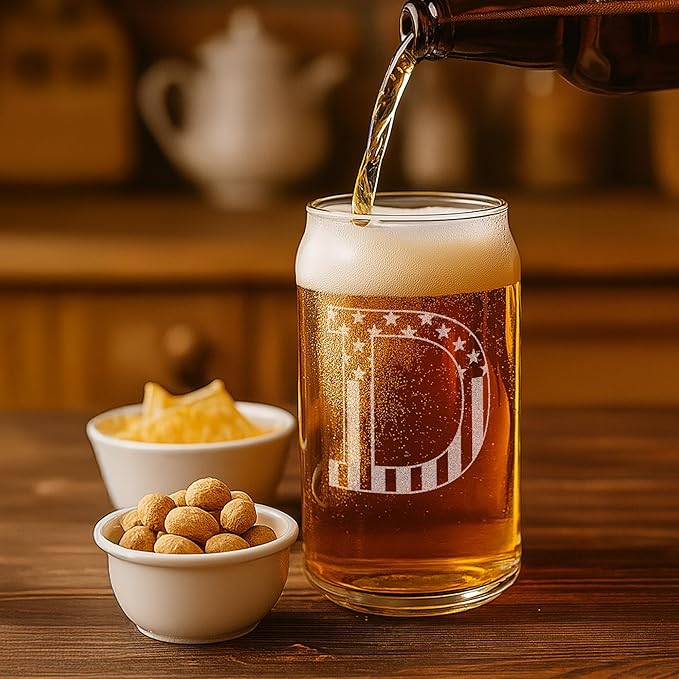 Monogram Beer Glasses for Men (A-Z) 16 oz - Beer Gifts for Men Brother Son Dad Neighbor - Unique Gifts for Him - Personalized Drinking Gift Beer Glass Mugs - Engraved Beer Can Glass (D)