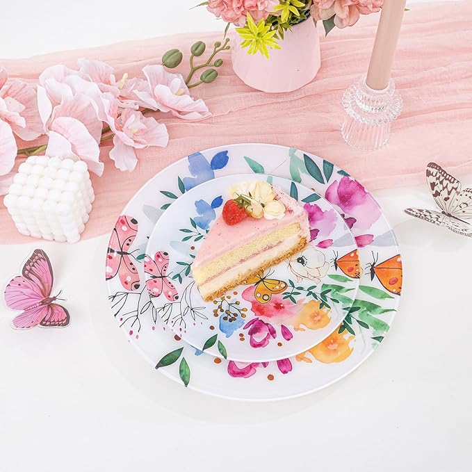DaYammi 20Pcs Plastic Plates with Watercolor Floral-Disposable Plates Heavy duty Watercolor Floral & Butterfly Plastic Plate 10.25in Dinner plates and 7.5in Dessert plates for Valentine's Day Party