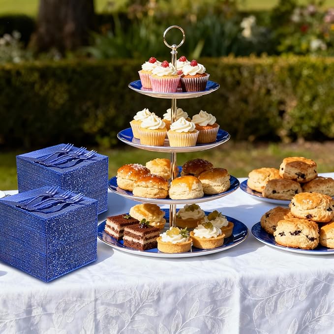 DaYammi 200Pcs Blue Dessert Plates with Forks- Small Disposable Dessert Plates- Serve 100 Guests include 100 Cake plates 6",100 Plastic Forks 5.7" for Party,Disposable Appetizer plates for Wedding
