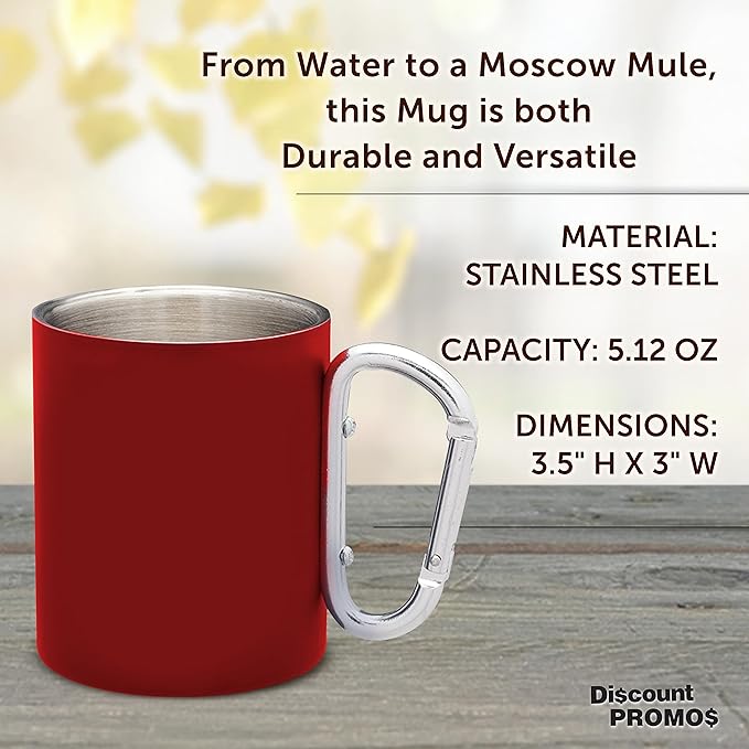 DISCOUNT PROMOS Stainless Steel Mugs with Carabiner Handle 10 oz. Set of 10, Bulk Pack - Perfect for Coffee, Soda, Other Hot & Cold Beverages - Red