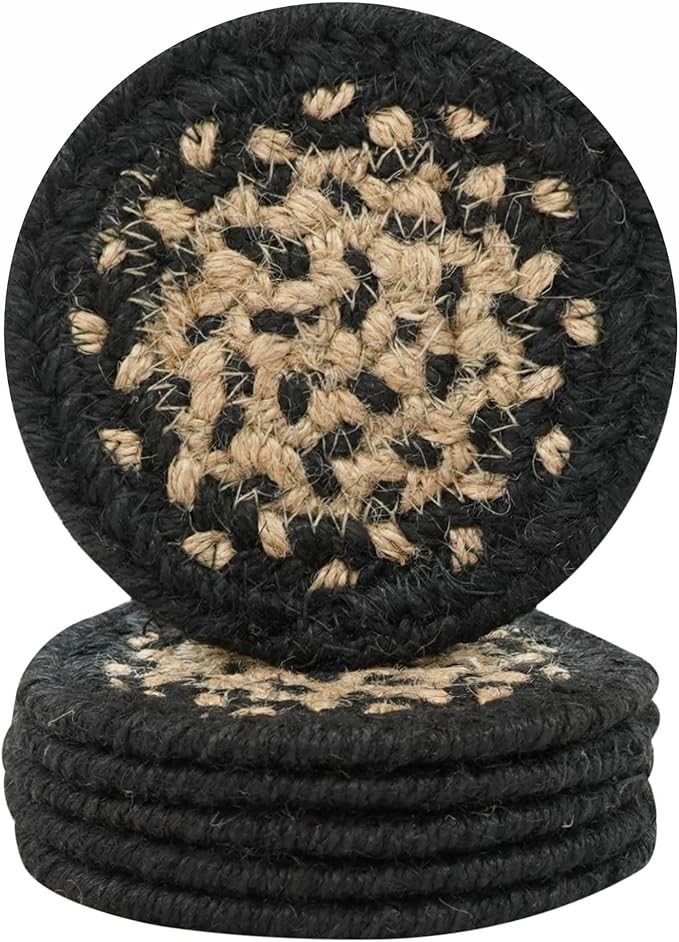 Homespice Manchester Jute Braided Rope Coasters 4", Country Primitive Decor, Set of 6, Black and Tan - Durable, Absorbs Moisture, Easy to Clean and Protects Furniture