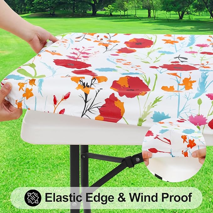 Smiry Rectangle Table Cloth Cover, Waterproof Elastic Fitted Picnic Tablecloth for 4 Foot Tables, Wipeable Flannel Backed Vinyl Tablecloths for Camping, Dining, Outdoor (Off White, 30" x 48")