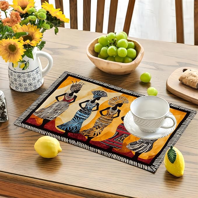 Kwanzaa Placemats Set of 6, African American Christmas Table Mats, Black Women Washable Place Mats for Coffee Bar Home Party Indoor Kitchen Dining Table Decoration 12x18 Inch