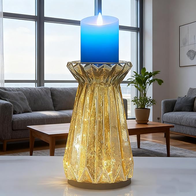 Home Decor, Mercury Glass Pillar Candle Pedestal Holders with 10 Led Lights, Lighted up Candle Holder for Pillar Candle, Candlestick Holders with Timer for Wedding Home Dining Table Xmas (Gold)
