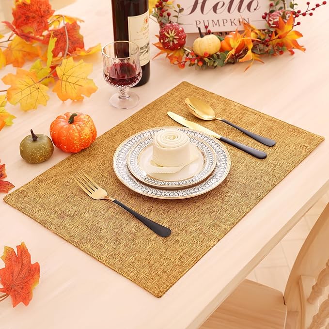 Homaxy Cloths Placemats for Dining Table Set of 4, Heat Resistant Washable Cotton Linen Blend Table Mats, Easy to Clean Place Mats for Indoor Outdoor Party Kitchen Decoration, 13" x 19", Amber