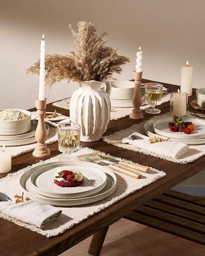 Stoneware Dinnerware Set, Highly Chip & Scratch Resistant Everyday Plates and Bowls for 8 (24pcs), Reactive Glaze Speckled Ceramic Straight Dishes with Gift Box, Microwave Dishwasher Safe, Shell Beige