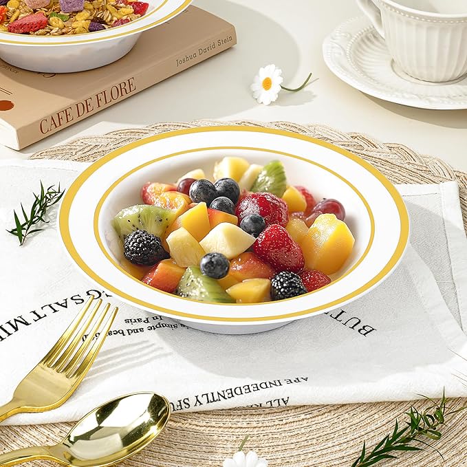 BESTVIP 100 Pack Plastic Bowls with Gold Rim, 12 oz Disposable Soup Bowls, Heavy-duty Dessert Salad Bowl for Party, Wedding, Christmas, Dinner, Catering