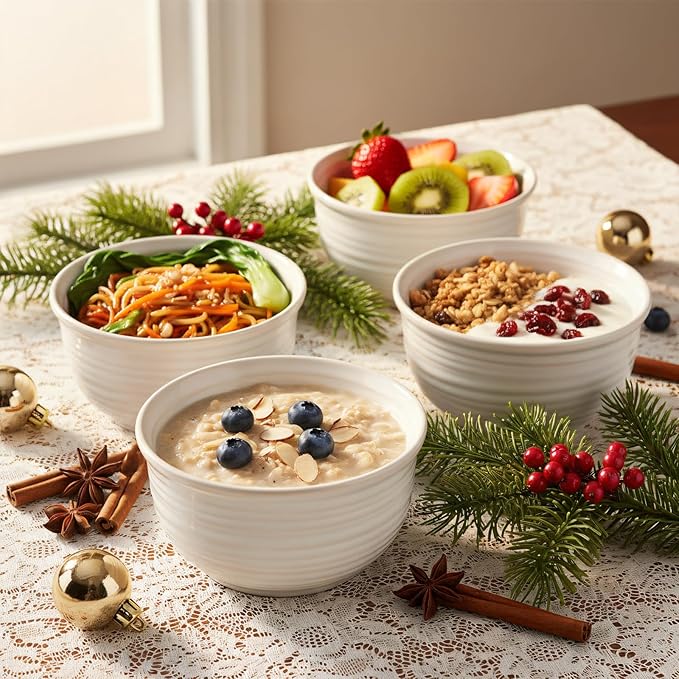 Soup Bowls, 20 Ounce Deep Ceramic Cereal Bowls for Kitchen Home, Serving Bowls Set of 6 Perfect for Oatmeal Rice Pasta Salad Dessert Breakfast, Microwave & Dishwasher Safe, Arctic White