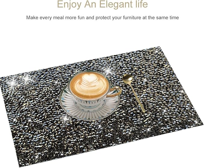 Black Square Placemats - Heat Resistant Mat Set of 2 with Rhinestone Decor and Sparkly Bling