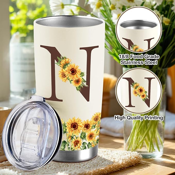 Sunflower Gifts for Women - Personalized Christmas Gifts for Women - Birthday Gift for Woman - Mothers Day Gift for Mom - Monogrammed, Initial 20oz Travel Cup Insulated Tumbler with Lid, N