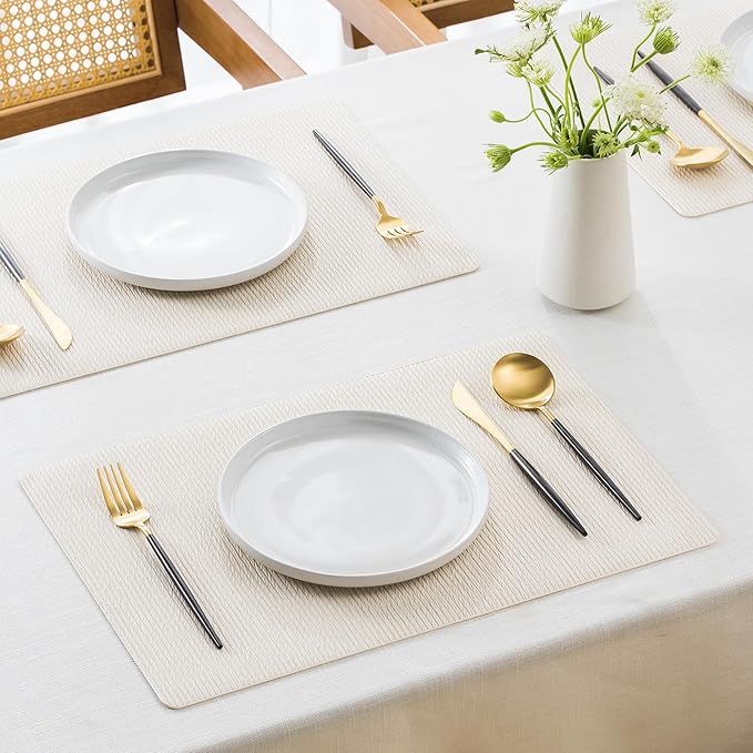 Jovono Faux Leather Placemats Set of 8, Waterproof Washable Table Mats, Easy-Clean Heat Resistant Kitchen Vinyl Place Mat for Dining Table, Restaurant, Indoor, 17.8"x11.8", Ivory