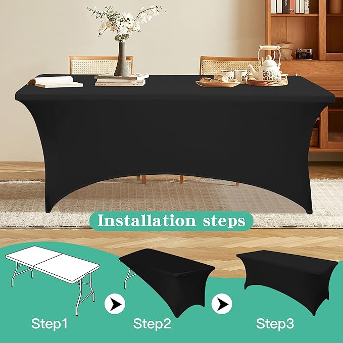 2Pack 8FT Table Cloth for Rectangular Fitted Events Stretch Black Table Covers Washable Spandex Tablecloth Protector for Party, Wedding, Cocktail, Banquet, Festival