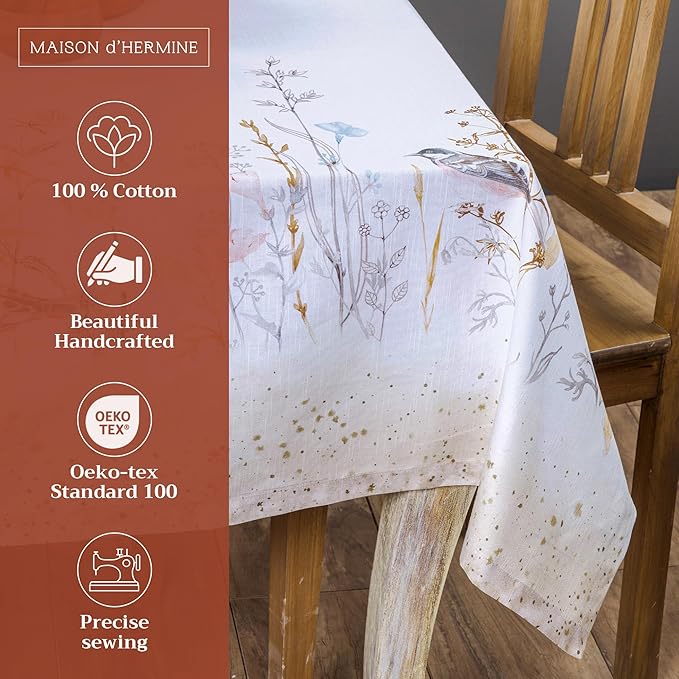 Maison d' Hermine Table Cloth Rectangle Table 100% Cotton 60 x 120 Inches Tablecloth Reusable Decorative for Dining Room Farmhouse Home Valentines Day Decorations Spring Summer- Meadow Florals - Beige