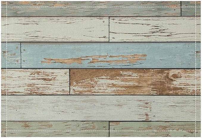 Rustic Plank Placemat Set, Vintage Old Shabby Colorful Beige Green Blue Farmhouse Barn Wooden Board Pattern Home Decor Linen Table Mats for Dining Room Kitchen Party (17x12in) x2P