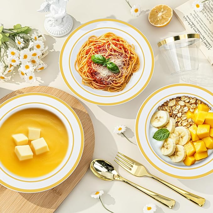BESTVIP 100 Pack Plastic Bowls with Gold Rim, 12 oz Disposable Soup Bowls, Heavy-duty Dessert Salad Bowl for Party, Wedding, Christmas, Dinner, Catering