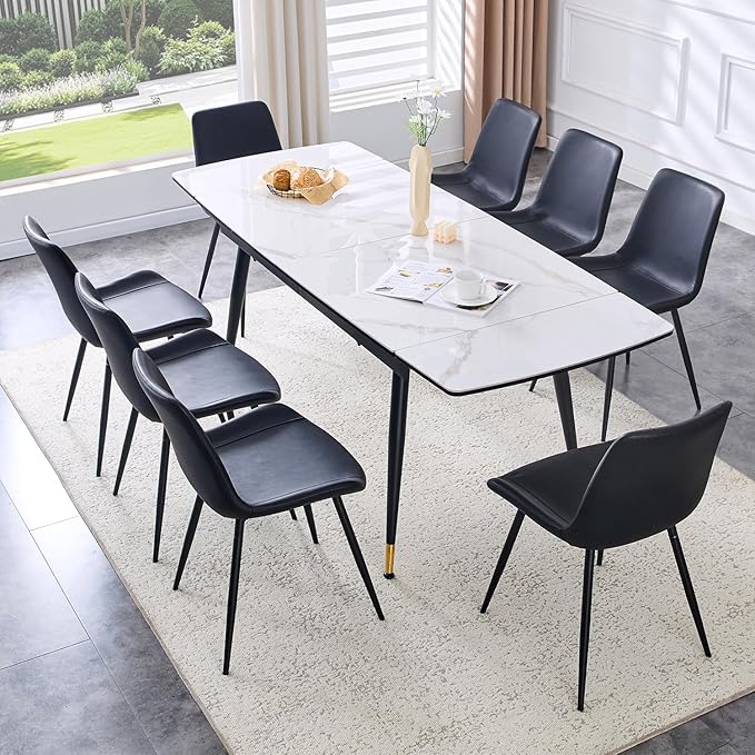 Extendable Dining Table Set for 8, 55'' to 78.8'' Rectangular Thickened Sintered Stone Kitchen Table with 8 Upholstered Chairs, Modern Space Saving 9-Piece Dinner Table Set