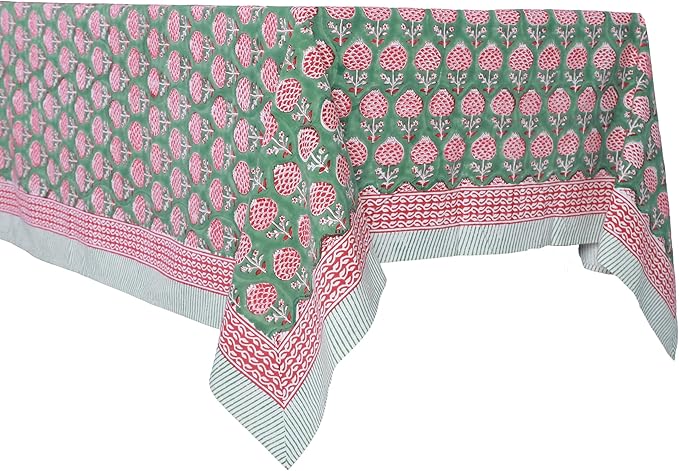 ATOSII Roma Green 100% Cotton Spring Summer Tablecloth, Handblock Print Rectangle Table Cover for Kitchen Dining Linen I Parties, Outdoors, Wedding, Easter Table Cloth I 72 X 108 Inches I 8 Seater