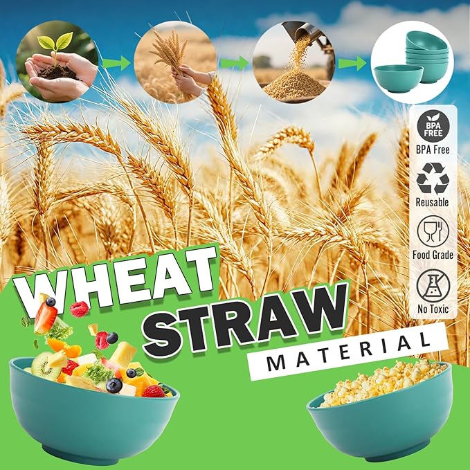 60 OZ Large Salad Bowls, Wheat Straw Camping Bowl Set of 6, Unbreakable Plastic Serving Bowls, Microwave & Dishwasher Safe Large Dinner Bowl for Kitchen & Outdoor, Green