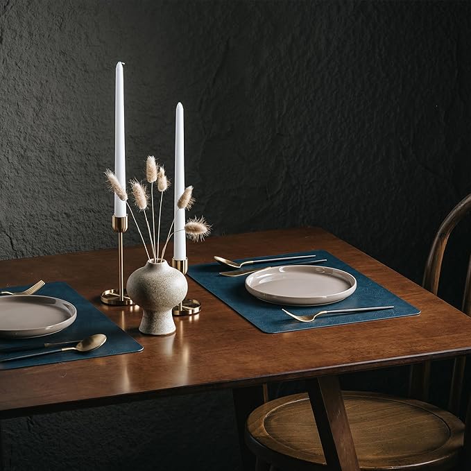 DOLOPL Placemats Set of 12 Reversible Dual-Color Table Placemats– Heat Resistant Wipeable & Washable Place Mats, Luxury Faux Leather Table Mats for Vintage Dining Table Decor(Camel & Navy Blue)