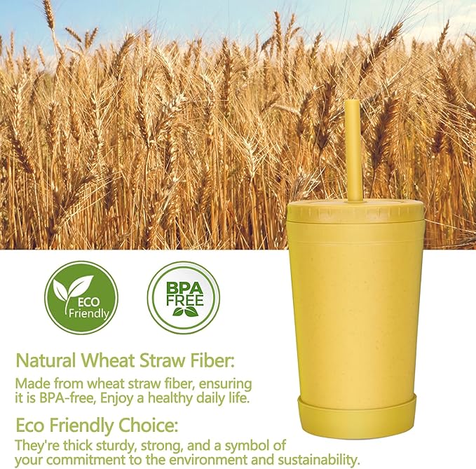Homestockplus Wheat Straw Cups with Lids and Silicone Straws, 10 Oz Chip Resistant Dishwasher/Microwave Safe, Toddler Cups Built In Straw Stoppers, Smoothies Cup +Straw Cleaner