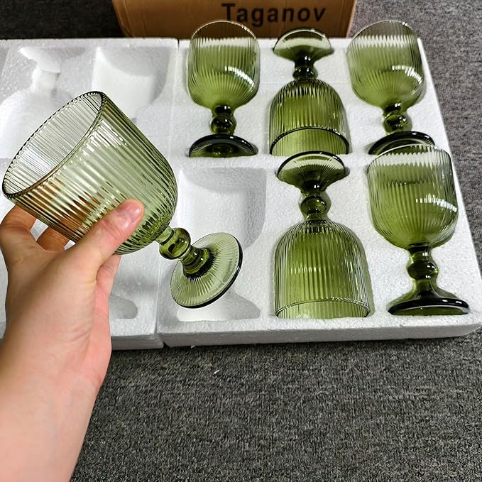 Green Drinking Glasses set of 6 Big Wine Goblets Vintage Colored Glassware 13 oz for Wedding Party Bar Vertical Line Embossed Pattern Stemmed Cups 400ml