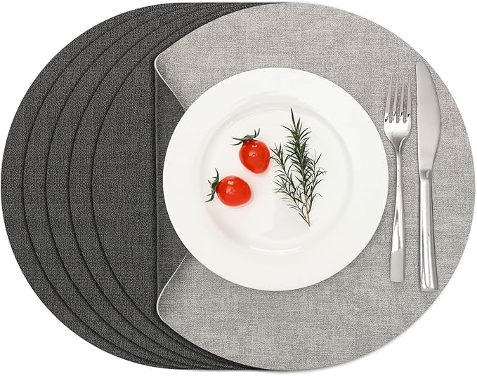 Myir JUN Reversible Vinyl Round Placemats Set of 6, Faux Leather Place Mats Dual Sided Waterproof Oilproof Wipeable, Heat-Resistant Table Mats for Kitchen Dining Indoor Outdoor (14", Light Gray Gray)