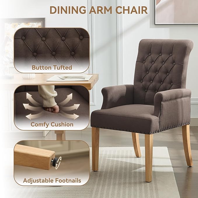 Fabric Dining Chair with Arms, Upholstered Tufted High Back Dining Room Chairs, Accent Armchair with Solid Wood Leg and Nailhead Trim, Kitchen Dining Living Room, Brown