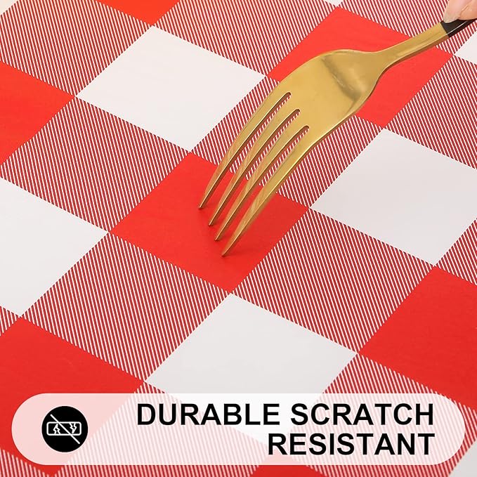Smiry Rectangle Picnic Table Cloth, Elastic Waterproof Fitted Vinyl Tablecloths, Flannel Backed Buffalo Plaid Table Covers for Dining, Camping, Outdoor (White and Red, 30" x 72")